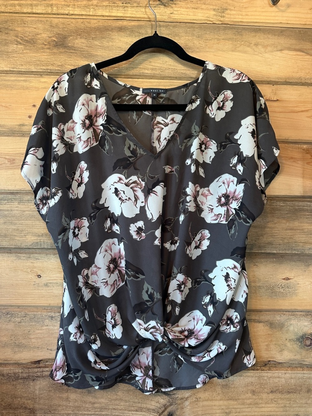 West Kei Charcoal Floral Twist-Front Blouse with Blush Flowers